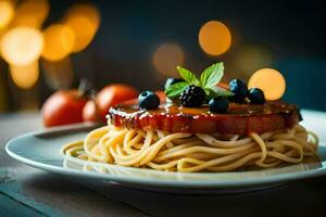 a plate of spaghetti with bacon and blueberries. AI-Generated photo