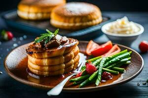 a plate with pancakes, strawberries and green beans. AI-Generated photo