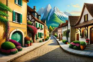 un dibujos animados calle con casas y montañas en el antecedentes. generado por ai foto