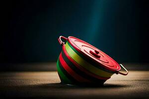 a colorful pot on a dark table. AI-Generated photo