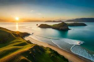 the sun rises over the ocean and the coast of the island. AI-Generated photo