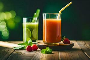 two glasses of juice with strawberries and raspberries. AI-Generated photo