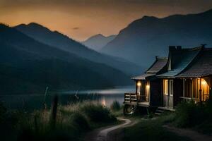 photo wallpaper the sky, mountains, lake, house, the road, the lake, the house. AI-Generated