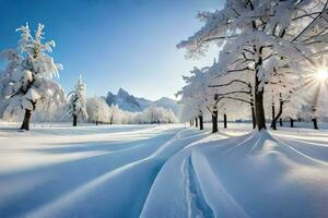 un Nevado paisaje con arboles y nieve. generado por ai foto