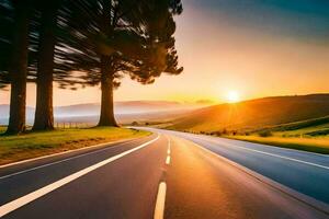 a road with trees and a sunset in the background. AI-Generated photo