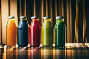 five different colored juices in bottles. AI-Generated photo