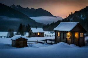 a small cabin in the snow with a mountain in the background. AI-Generated photo