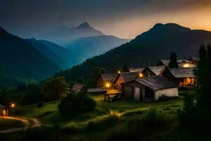 a small village in the mountains at sunset. AI-Generated photo