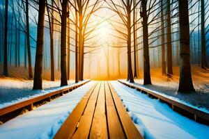 winter forest path in the snow. AI-Generated photo