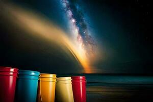 colorful buckets on the beach with a milky way in the background. AI-Generated photo