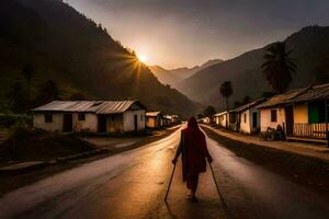 un mujer camina abajo el la carretera en el pueblo a puesta de sol. generado por ai foto