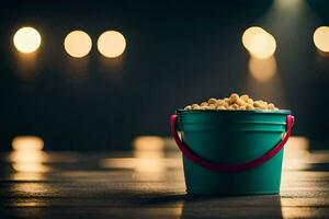 a bucket of popcorn on a table in front of a spotlight. AI-Generated photo