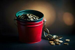 a red bucket filled with coins on a dark background. AI-Generated photo