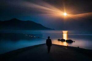un hombre camina a lo largo un camino en frente de un lago a noche. generado por ai foto