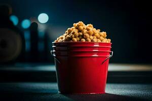 a bucket of popcorn sitting on a table. AI-Generated photo