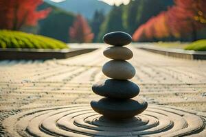 a stack of rocks sitting on top of a circular path. AI-Generated photo