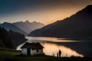 a man stands in front of a cabin by a lake at sunset. AI-Generated photo