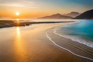 the sun rises over the ocean and the mountains in this beautiful beach. AI-Generated photo