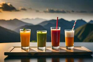 four different drinks on a tray with mountains in the background. AI-Generated photo