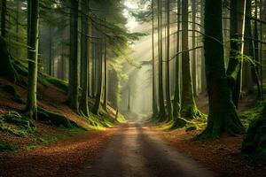 a road in the middle of a forest with trees. AI-Generated photo
