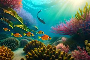 an underwater scene with colorful corals and fish. AI-Generated photo