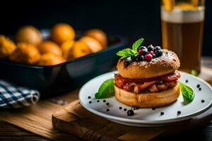 a hamburger with blueberries and bacon on a plate. AI-Generated photo