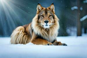 a large brown wolf laying in the snow. AI-Generated photo