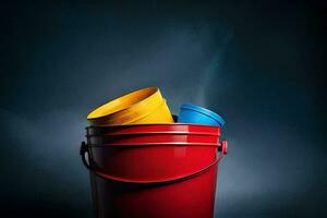 a red bucket with three colorful buckets inside. AI-Generated photo