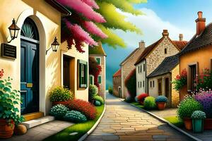 un ilustración de un calle con flores y casas generado por ai foto