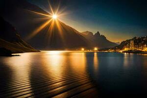 the sun shines over a lake and mountains at night. AI-Generated photo