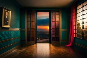 a room with a door leading to a view of the sunset. AI-Generated photo