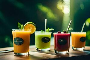 four different juices in glasses on a table. AI-Generated photo