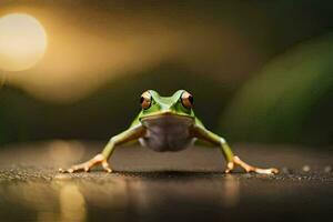 a frog is standing on a dark surface. AI-Generated photo