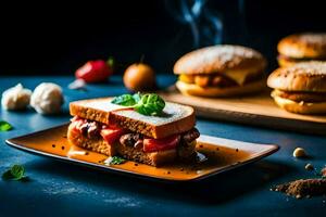 sandwiches on a plate with spices and smoke. AI-Generated photo