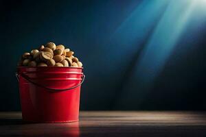 a red bucket filled with peanuts on a table. AI-Generated photo