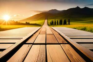 wooden bridge over a field with sun setting behind it. AI-Generated photo