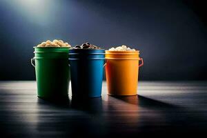 three colorful buckets with popcorn on a dark table. AI-Generated photo