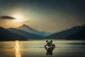 un rana sentado en el borde de un lago a puesta de sol. generado por ai foto