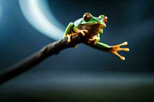 a frog sitting on a branch with a dark background. AI-Generated photo