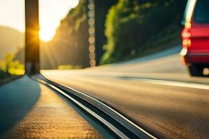 a red car driving down a road with the sun setting behind it. AI-Generated photo