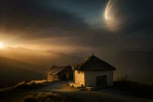 a small hut sits on top of a hill with a large moon in the sky. AI-Generated photo