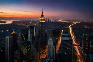 the empire state building is seen at sunset in new york city. AI-Generated photo