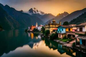 photo wallpaper the sky, mountains, water, houses, the sun, the mountains, the lake. AI-Generated