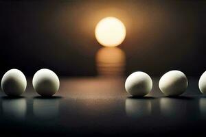 five eggs are lined up in front of a light. AI-Generated photo