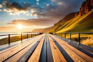 a wooden bridge leads to the ocean at sunset. AI-Generated photo