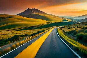 a road in the mountains with a yellow line. AI-Generated photo