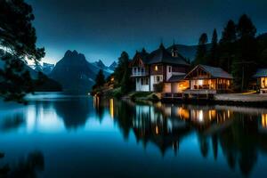 a house sits on the shore of a lake at night. AI-Generated photo