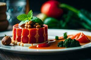 a plate with a dessert on it. AI-Generated photo