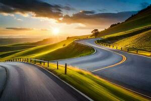 a winding road in the countryside with the sun setting. AI-Generated photo