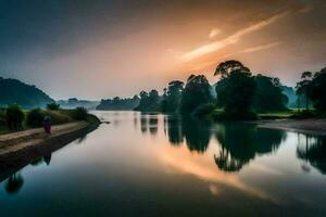 a river at sunset with a person walking along it. AI-Generated photo